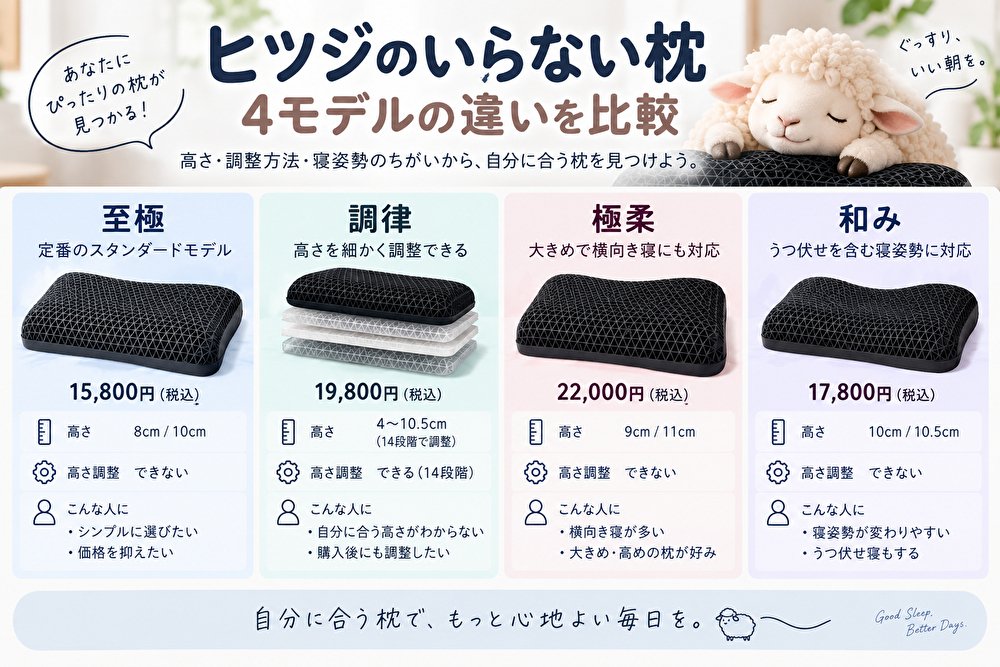ヒツジのいらない枕はどれがいい？至極・調律・極柔・和みの違いを比較