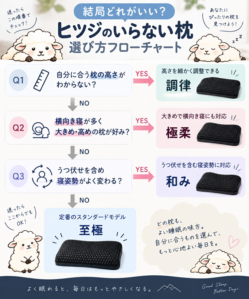 ヒツジのいらない枕はどれがいい？至極・調律・極柔・和みの違いを比較